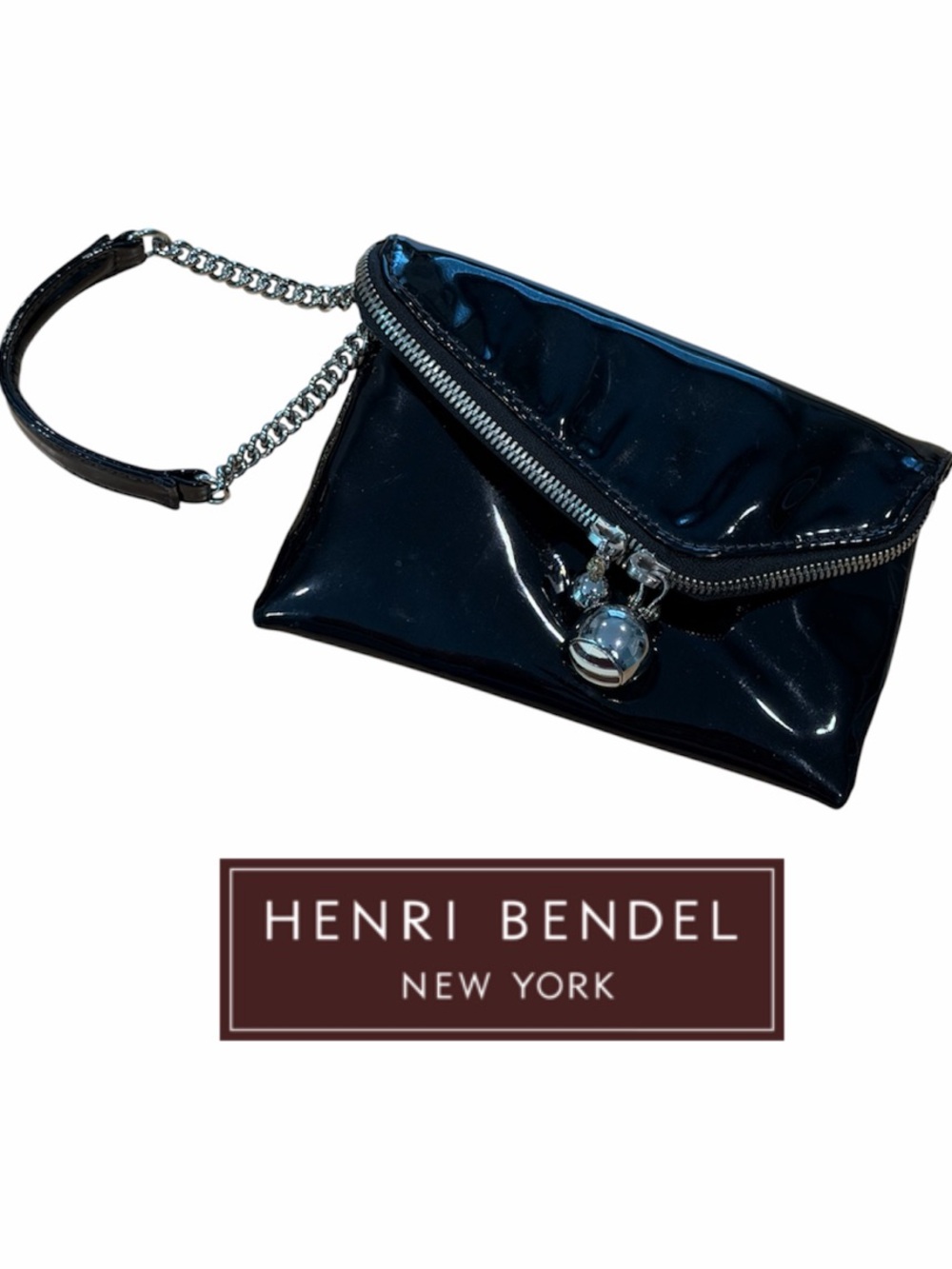Henri Bendel Black Patent Wristlet Clutch with Chain and logo zipper pulls